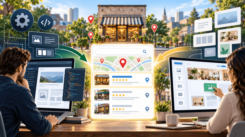 Custom WordPress and website builder websites compared through local search results and map listings.