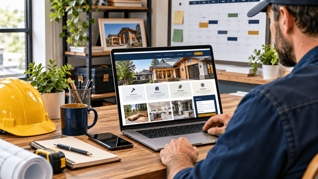 Contractor updating a business website with current services, project photos, and customer information.