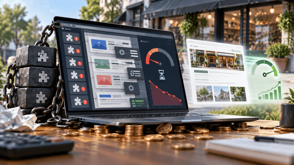 Heavy WordPress page builder slowing a website and reducing search visibility while hidden costs add up.