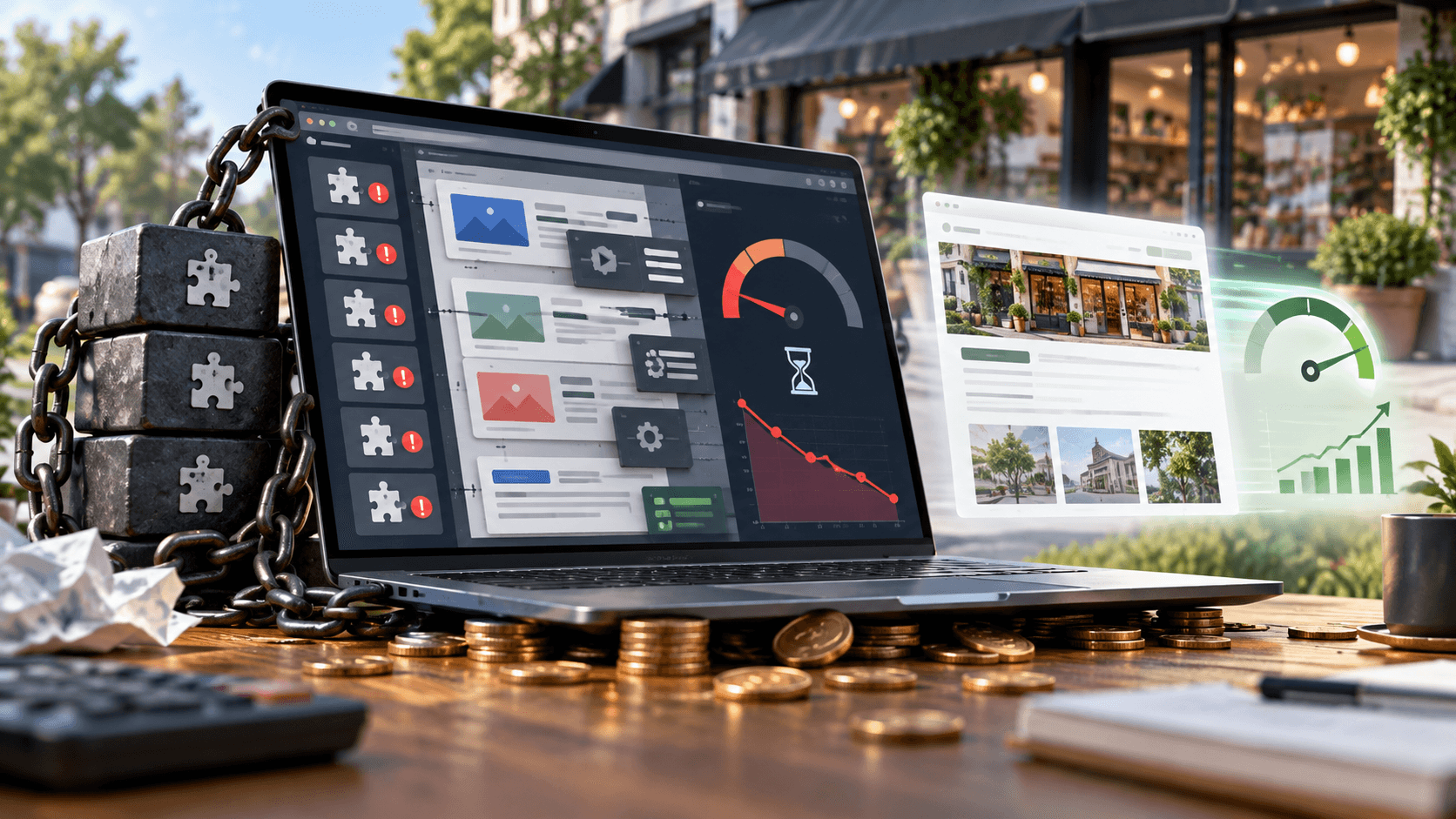 Heavy WordPress page builder slowing a website and reducing search visibility while hidden costs add up.