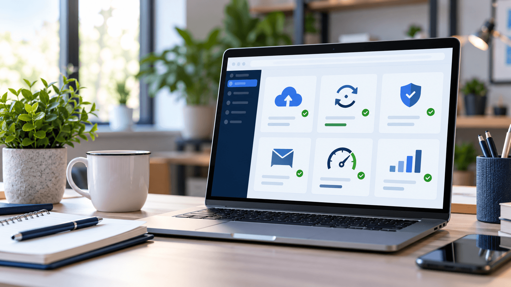 Laptop displaying a website maintenance dashboard with backup, update, security, contact form, and performance checks.