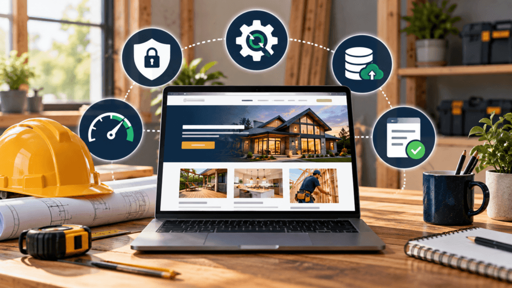 Contractor website maintenance with security, backups, software updates, performance checks, and contact form testing.