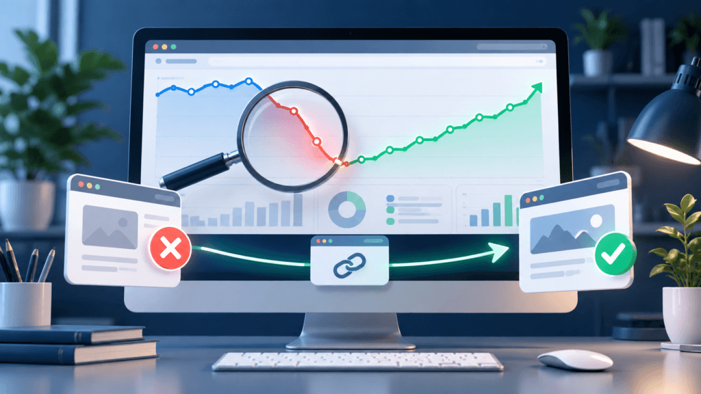 Website search visibility drops, then recovers as a broken page redirects to the correct destination.