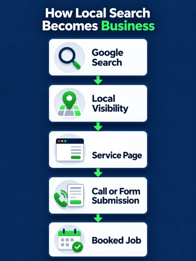 Diagram showing how a Google search leads to local visibility, a service page, a customer call or form, and a booked job.